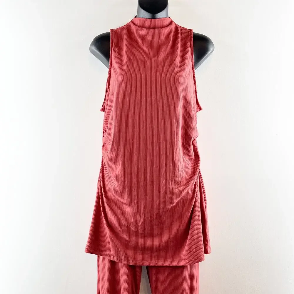 En Elly Anthropologie 2 Piece Ribbed High Neck Top & Flare Pants Red Medium - Picture 7 of 10
